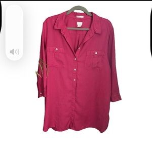 Chico’s No Iron 100% Linen 3/4 Sleeve Button Up Shirt Tunic Size 3 (XL16) Pink